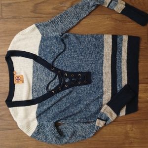 Tory Burch stripe sweater with lacing v neck/ size Medium